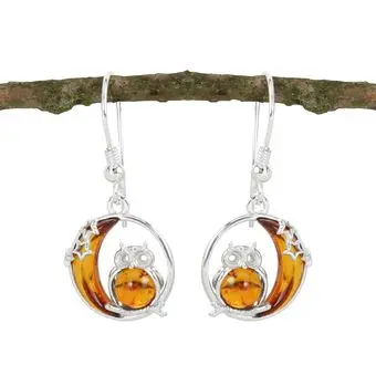 Owl In The Moon Baltic Amber Sterling Silver Earrings Owl In The Moon Baltic Amber Sterling Silver Earrings