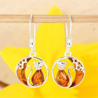 Honey Baltic Amber Cat Sterling Silver Earrings