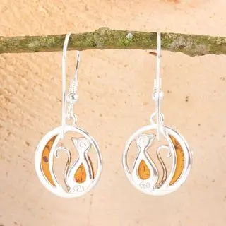 Sterling Silver Honey Baltic Amber Cat and Moon Earrings