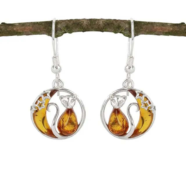 Sterling Silver Cat and Moon Amber Drop Earrings