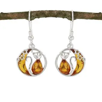 Cat In Moon Sterling Silver Honey Baltic Amber Earrings  Cat In Moon Sterling Silver Honey Baltic Amber Earrings