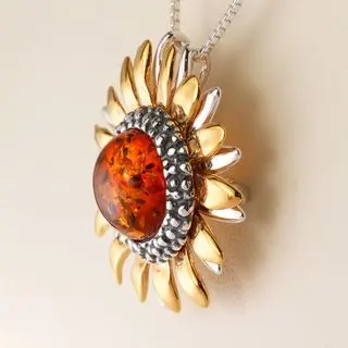 Baltic Amber Gold Plated Sunflower Pendant