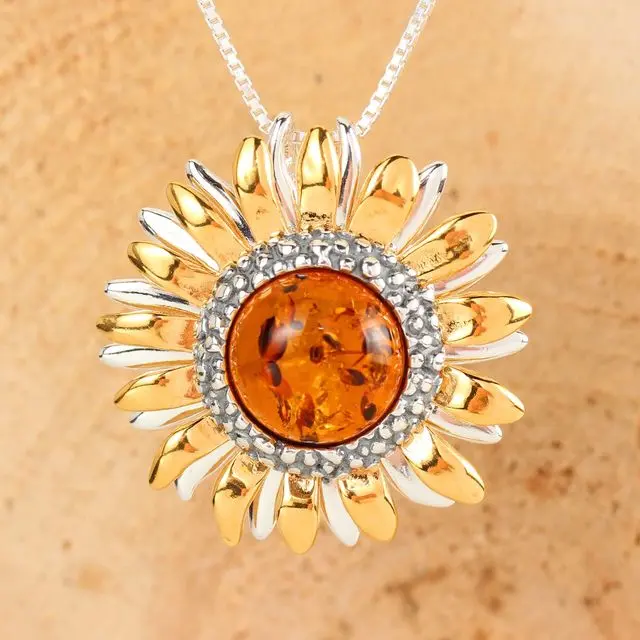 Gold Plated Sterling Silver Sunflower Baltic Amber Pendant