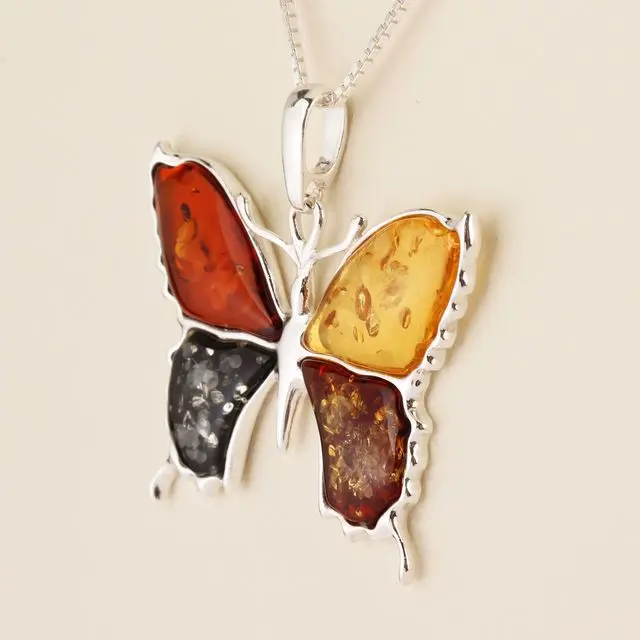 Multicoloured-baltic-amber-sterling-silver-butterfly-pendant