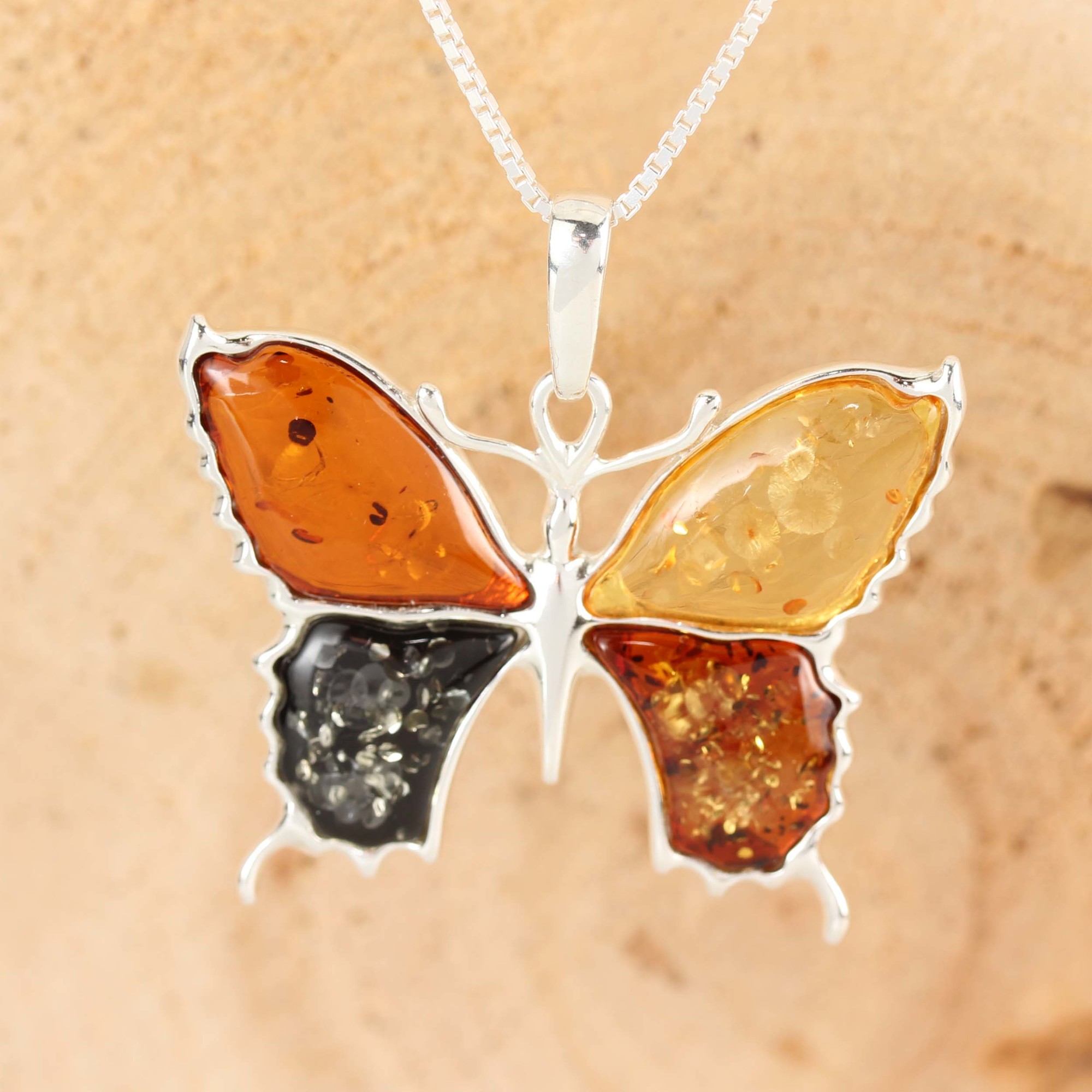 Multicoloured Baltic Amber Sterling Silver Butterfly Pendant