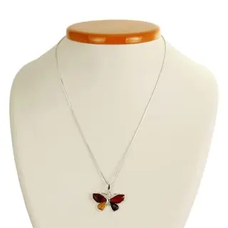 Multicoloured Baltic Amber Butterfly Silver Pendant