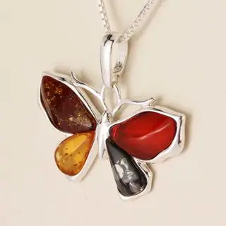 Sterling Silver Butterfly Multicoloured Baltic Amber Pendant