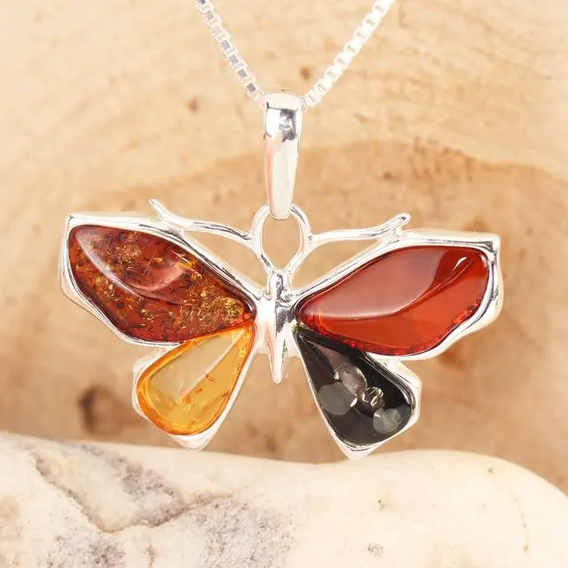 Sterling Silver Multicoloured Baltic Amber Butterfly Pendant