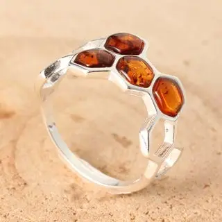 Sterling Silver Honey Baltic Amber Honeycomb Ring