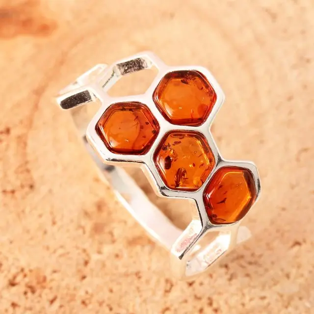 Honey Baltic Amber Honeycomb Silver Ring