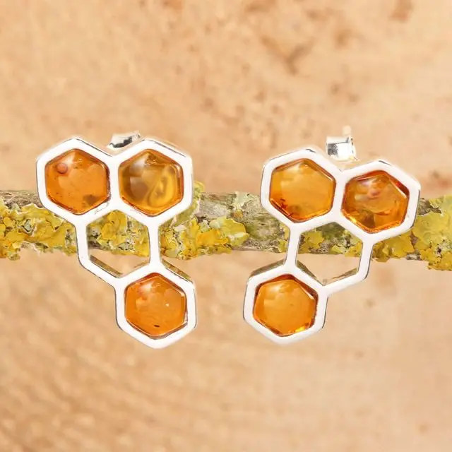 Honey Baltic Amber Honeycomb Sterling Silver Stud Earrings