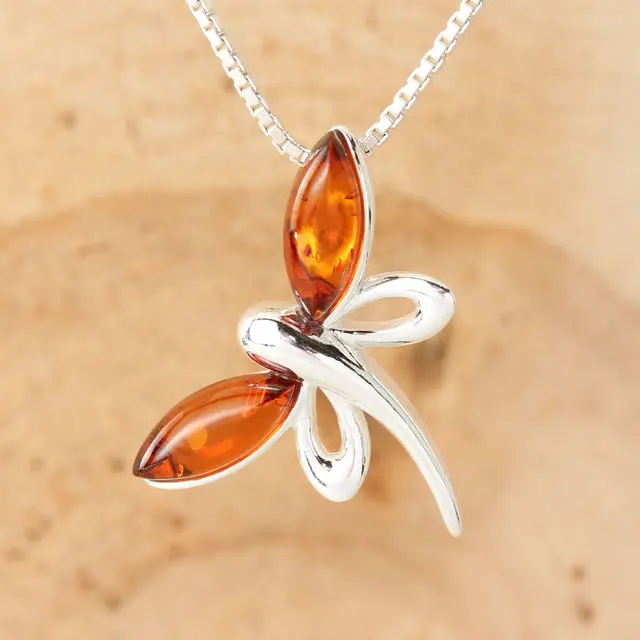 Honey Baltic Amber Dragonfly Sterling Silver Pendant