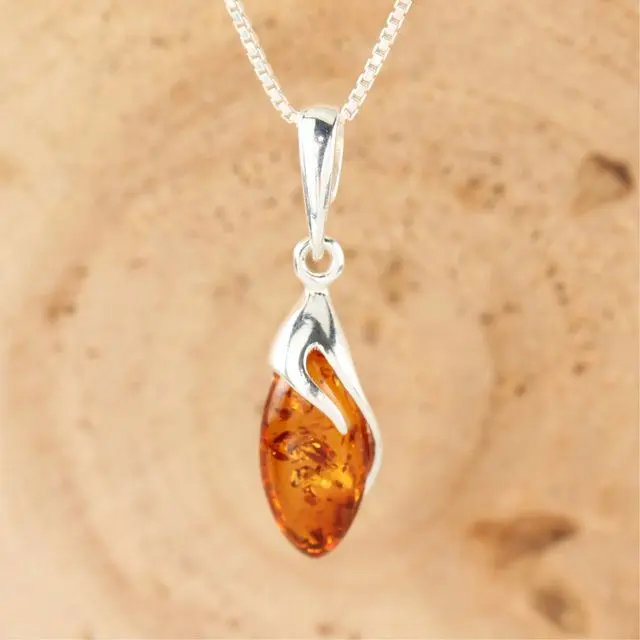 Honey Baltic Amber Droplet Sterling Silver Pendant
