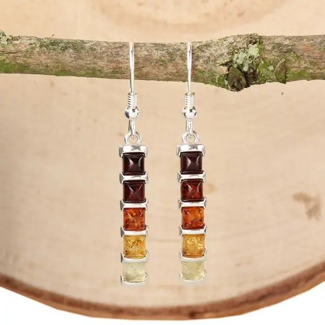 Sterling Silver Graduated Multicoloured Baltic Amber Drop Earrings