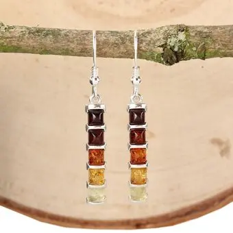 Multicoloured Baltic Amber Sterling Silver Graduated Drop Earrings Multicoloured Baltic Amber Sterling Silver Graduated Drop Earrings