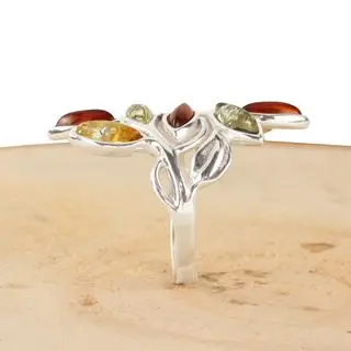 Multicoloured Baltic Amber Silver Leaf Ring