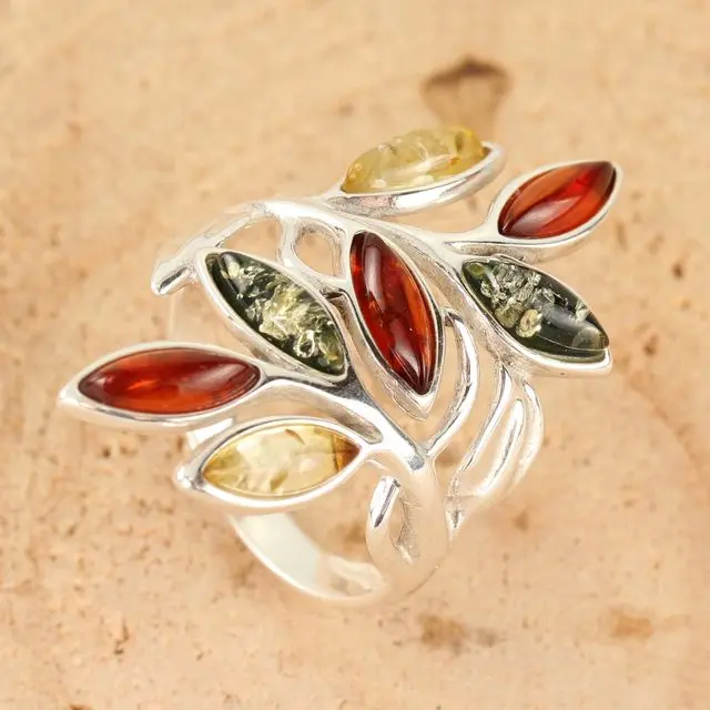 Multicoloured Baltic Amber Sterling Silver Leaves Ring
