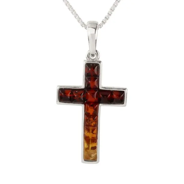 Multicoloured Baltic Amber Cross Sterling Silver Pendant