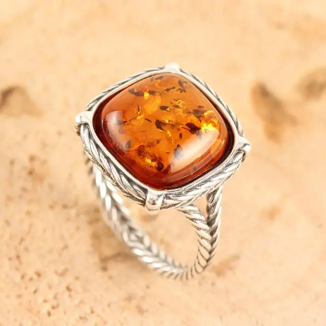 Honey Baltic Amber Rope Edged Sterling Silver Ring