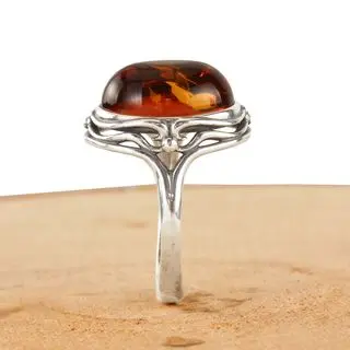 Scroll Edged Sterling Silver Honey Baltic Amber Ring