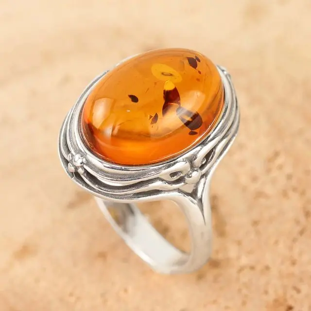 Honey Baltic Amber Scroll Edged Sterling Silver Ring