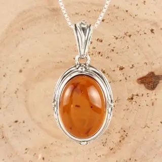 Sterling Silver Honey Baltic Amber Scroll Edged Pendant