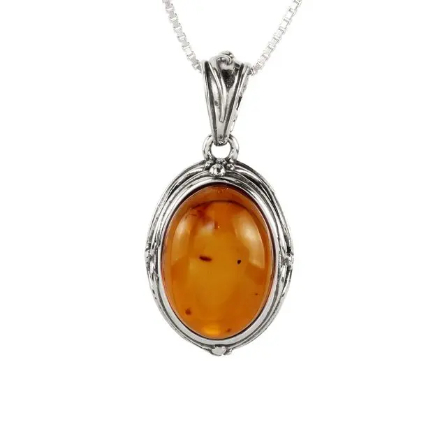 Honey Baltic Amber Scroll Edged Sterling Silver Pendant