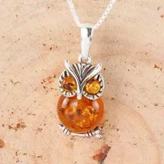 Small Baltic Amber Owl Silver Pendant