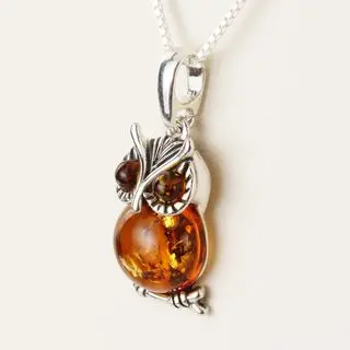 Sterling Silver Honey Baltic Amber Owl Pendant