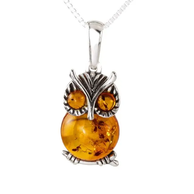 Honey Baltic Amber Sterling Silver Owl Pendant
