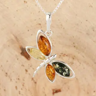 Sterling Silver Multicoloured Baltic Amber Dragonfly Pendant