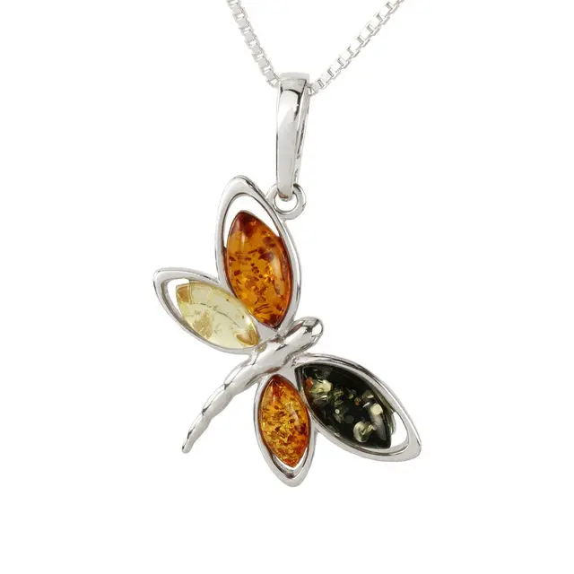 Multicoloured Baltic Amber Dragonfly Sterling Silver Pendant