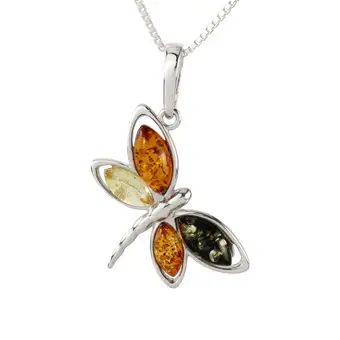 Multicoloured Baltic Amber Dragonfly Sterling Silver Pendant Multicoloured Baltic Amber Dragonfly Sterling Silver Pendant