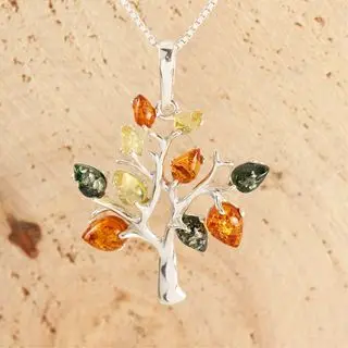 Sterling Silver Multicoloured Baltic Amber Tree Pendant