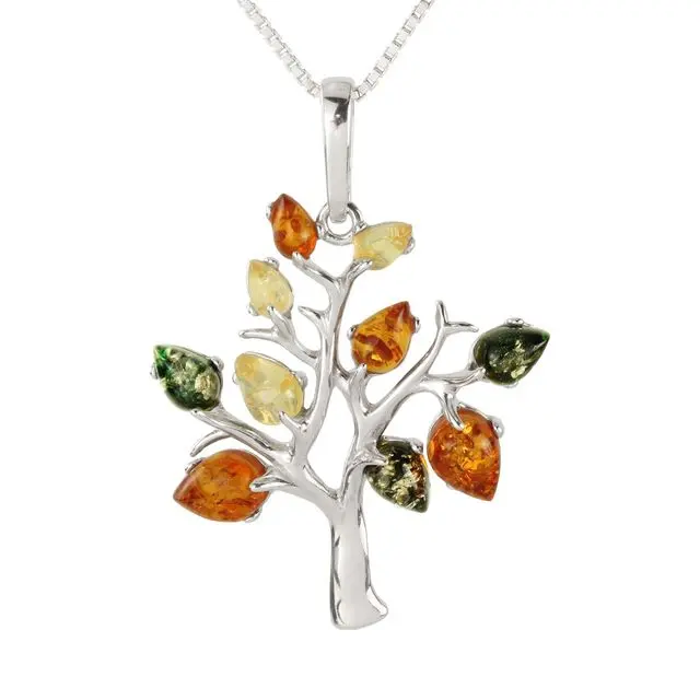 Multicoloured Baltic Amber Tree Sterling Silver Pendant