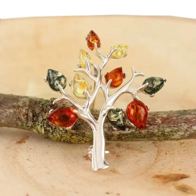 Multicoloured Baltic Amber Tree Sterling Silver Brooch