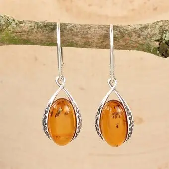 Honey Baltic Amber Oval Sterling Silver Drop Earrings Honey Baltic Amber Oval Sterling Silver Drop Earrings