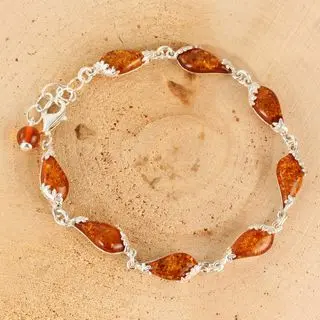 Honey baltic Amber Flower Edged Sterling Silver Bracelet