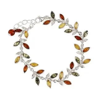 Multicoloured Baltic Amber Leaves Sterling Silver Bracelet
