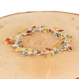Sterling Silver Multicoloured Baltic Amber Leaves Adjustable Bracelet