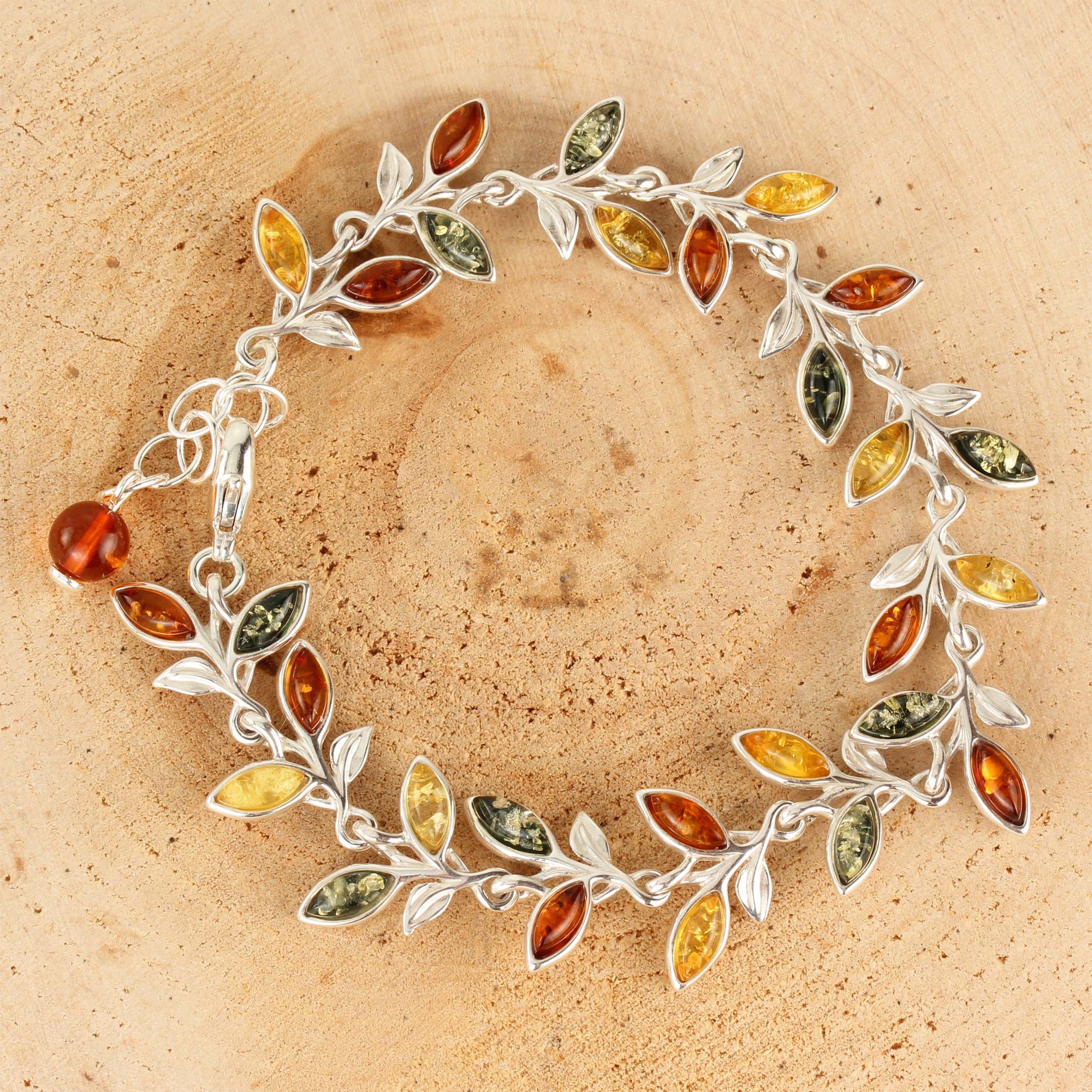 Multicoloured Baltic Amber Leaves Sterling Silver Adjustable Bracelet