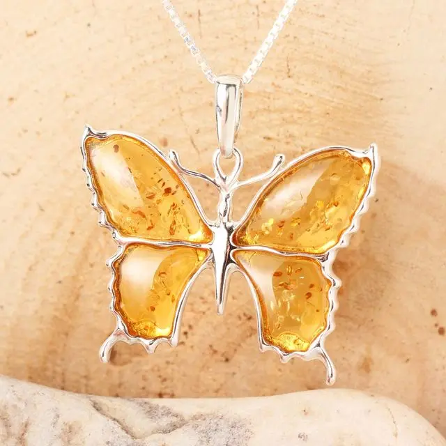 Lemon Baltic Amber Butterfly Sterling Silver Pendant
