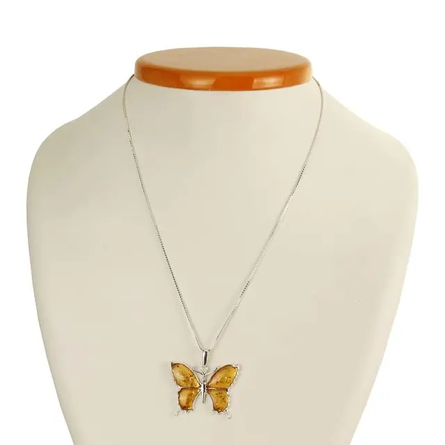 Sterling Silver Lemon Baltic Amber Butterfly Pendant