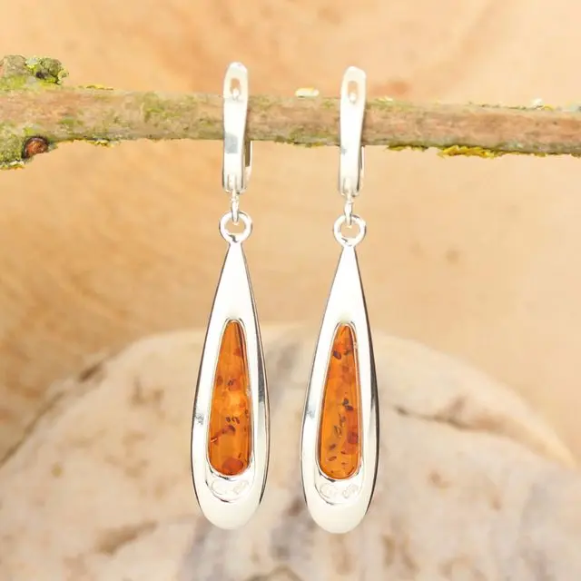 Long Sterling Silver Honey Baltic Amber Drop Earrings