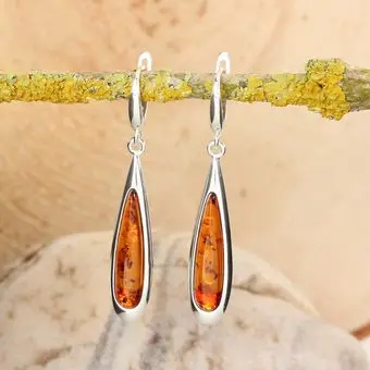 Sterling Silver Honey Baltic Amber Long Drop Earrings Sterling Silver Honey Baltic Amber Long Drop Earrings