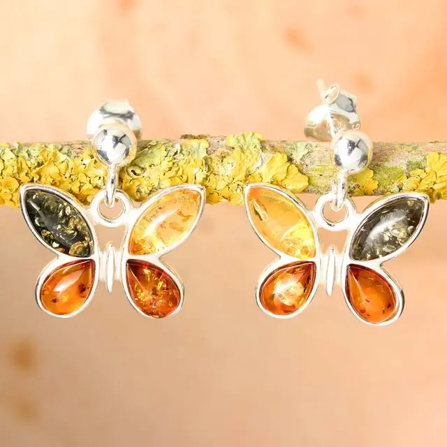 Multicoloured Baltic Amber Butterfly Sterling Silver Earrings