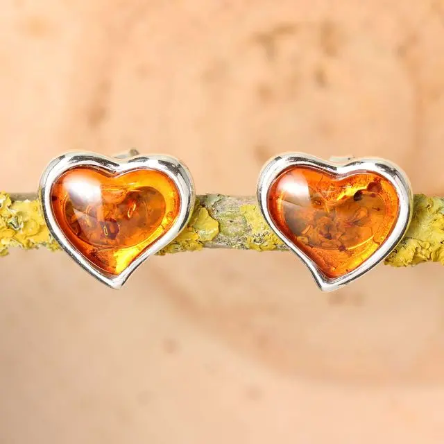 Honey Baltic Amber Heart Sterling Silver Stud Earrings