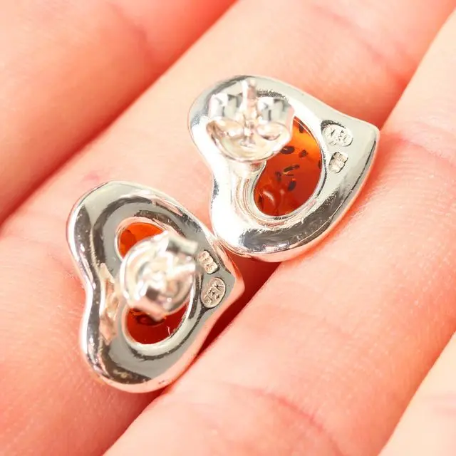 Sterling Silver Baltic Amber Heart Stud Earrings