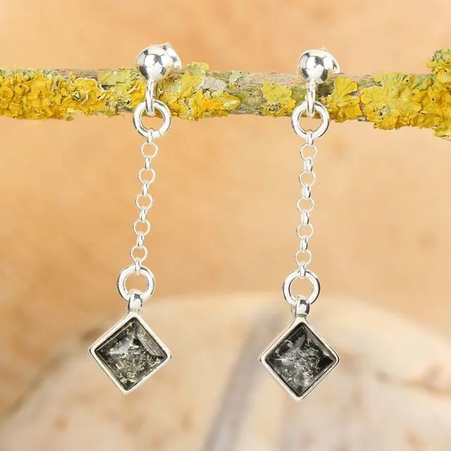 Green baltic Amber Sterling Silver Chain Drop Earrings