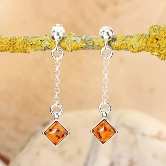 Honey baltic Amber Sterling Silver Chain Drop Earrings